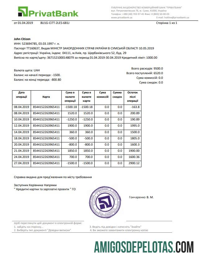 Modelo de extrato do Privatbank da Ucrânia em branco, formato Word e PDF (.doc e .pdf)